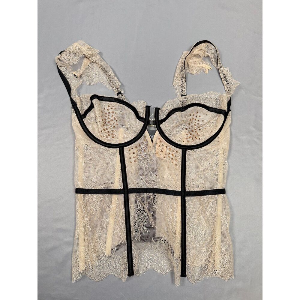 Victoria's Secret 36D Sheer Lace Corset Bustier Top Black Trim Rhinestones NWT